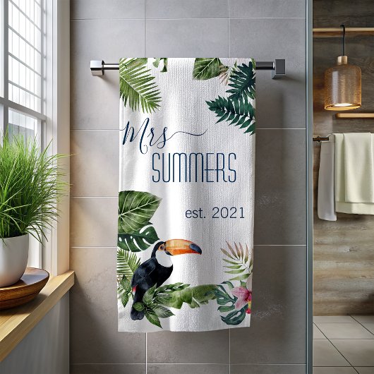 Serviette De Plage Madame Jeune Mariée Monogramme Feuilles Tropicales