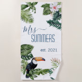 Serviette De Plage Madame Jeune Mariée Monogramme Feuilles Tropicales (Devant)