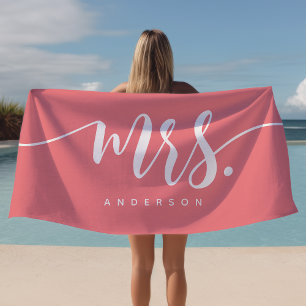 Serviette De Plage Madame jeune mariée personnalisée rose et blanc