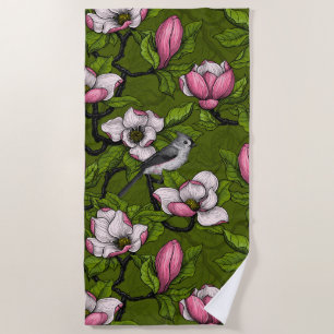 Serviette De Plage Magnolia en floraison et oiseau de tireur 2