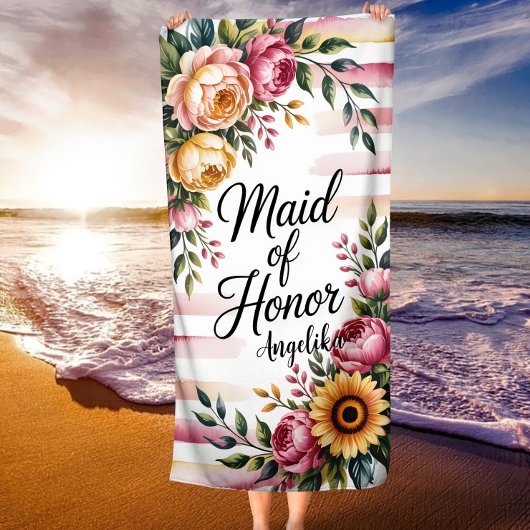 Serviette De Plage Maid of Honor Pink Stripes Floral Bridal Party