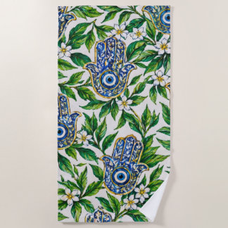 Serviette De Plage Main de Fatima Hamsa bleue à motif floral