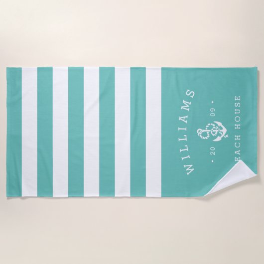 Serviette De Plage Maison de plage personnalisée en bande Turquoise (Devant)
