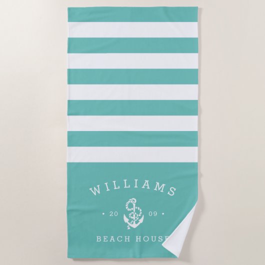 Serviette De Plage Maison de plage personnalisée en bande Turquoise (Devant)