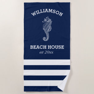 Serviette De Plage Maison de plage rayée bleu marine et blanc   Hippo
