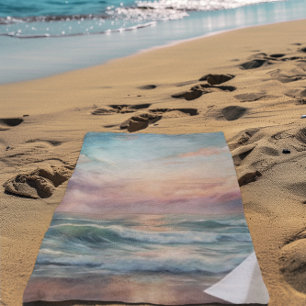 Serviette De Plage Majestic Ocean Sunset Waves Watercolor Côte