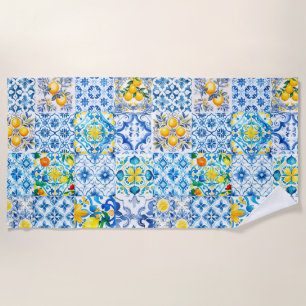 Serviette De Plage Majolica, citron, carreaux siciliens,