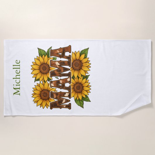 Serviette De Plage Mama Fleurs de soleil Nom du monogramme Initiales, (Devant)