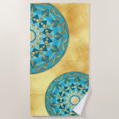 Serviette De Plage Mandala bleu or sur fond or doux (Devant)