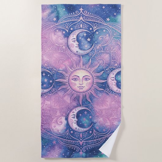 Serviette De Plage Mandala Galaxie Nébuleuse Soleil & Lune Céleste (Devant)
