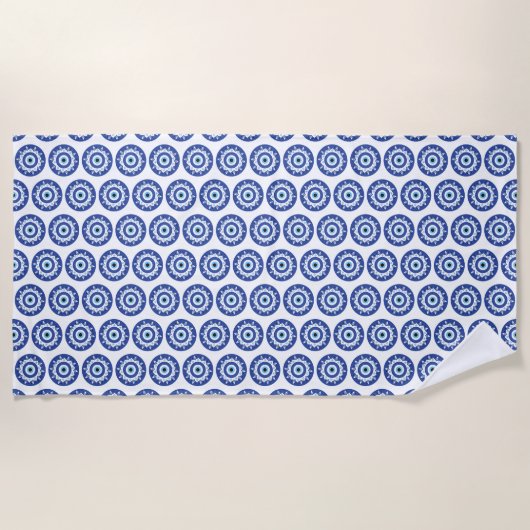 Serviette De Plage Mandala Grec Mal Eye Motif Bleu Blanc (Devant)