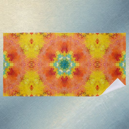Serviette De Plage Mandala Hexagonal Orange Jaune Rouge et Bleu