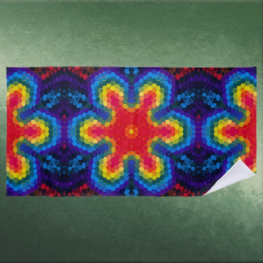 Serviette De Plage Mandala Hexagonal Rouge Jaune et Bleu