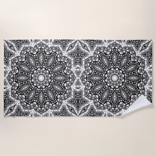 Serviette De Plage Mandala noir blanc, kaléidoscope, ornement rond (Devant)