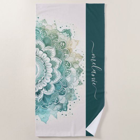 Serviette De Plage Mandala Turquoise foncé Nom (Devant)