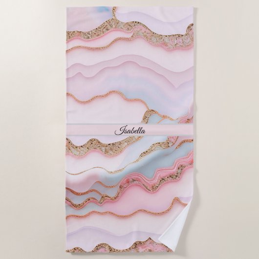 Serviette De Plage Marbre Agate Moderne Bleu Rose Collection Or (Devant)