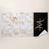 Serviette De Plage Marbre blanc et or avec monogramme noir (Devant)