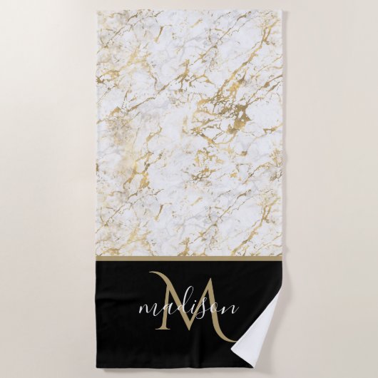 Serviette De Plage Marbre blanc et or avec monogramme noir (Devant)