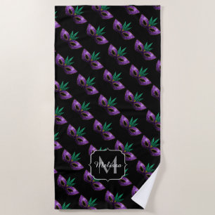 Serviette De Plage Mardi Gras Masque Purple Vert Étincelles Monogramm
