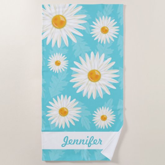 Serviette De Plage Marguerites blanches sur fond bleu avec nom person (Devant)