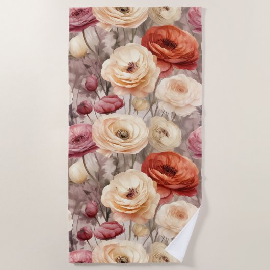 Serviette De Plage Mariage Burgundy Cream Fleurs de printemps (Devant)
