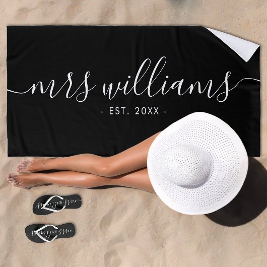 Serviette De Plage Mariage Mme la mariée noir et blanc