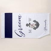 Serviette De Plage Mariage Naautique Fleurs Ancre Navy Blanc  Marié (Devant)