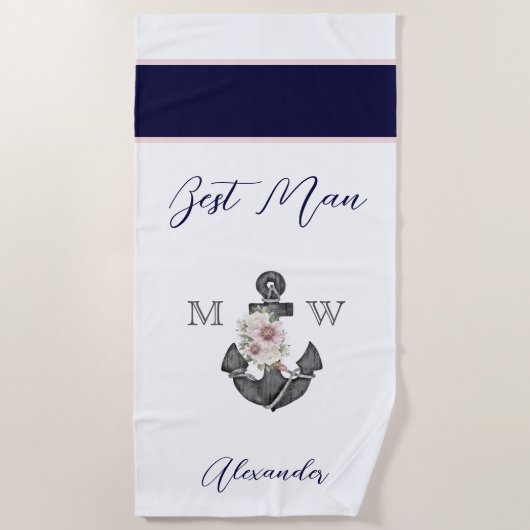 Serviette De Plage Mariage Naustique Fleur Anchor Rose Navy Meilleur (Devant)