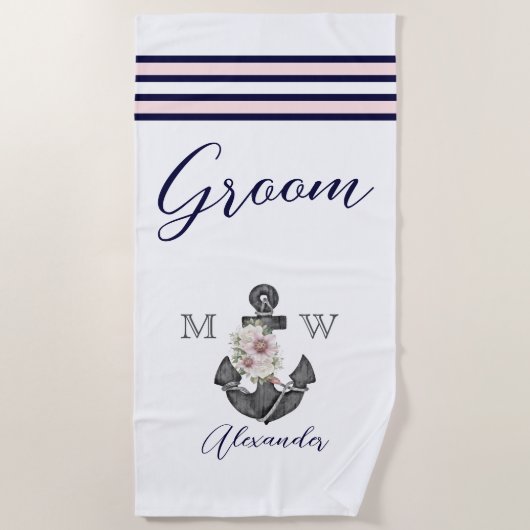 Serviette De Plage Mariage nautique Ancre florale  rose marine (Devant)