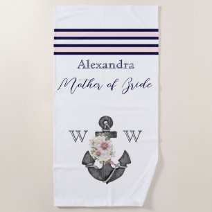 Serviette De Plage Mariage nautique Floral Ancre Marine rose Mère de