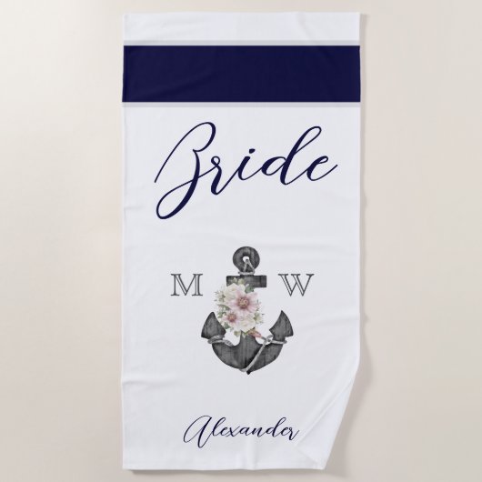 Serviette De Plage Mariage nautique Floral Ancre Marine White Bride (Devant)