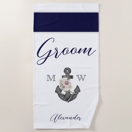 Serviette De Plage Mariage nautique Floral Ancre Marine White Groom (Devant)