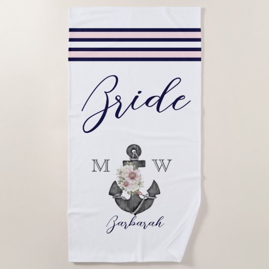 Serviette De Plage Mariage nautique Floral Ancre Rose Marine Brides (Devant)