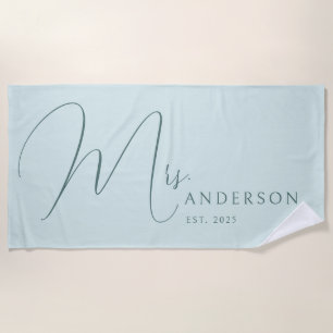 Serviette De Plage Mariés Bleus Nom Personnalisé Lune de Miel