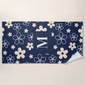 Serviette De Plage Marine bleu crème fleur motif rétro (Devant)