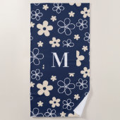 Serviette De Plage Marine bleu crème fleur motif rétro (Devant)
