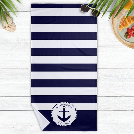 Serviette De Plage Marine Bleu et blanc Ancre de navire nautique