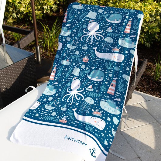 Serviette De Plage Marine Bleu et blanc Motif nautique