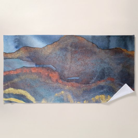 Serviette De Plage Marine Bleu & or Aquarelle Marbre Moderne Abstrait (Devant)