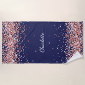 Serviette De Plage Marine bleu rose nom or (Devant)