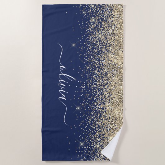 Serviette De Plage Marine Blue Gold Parties scintillant Girl Monogram (Devant)