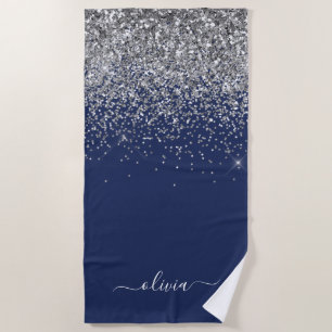 Serviette De Plage Marine Blue Silver Parties scintillant Girl Monogr
