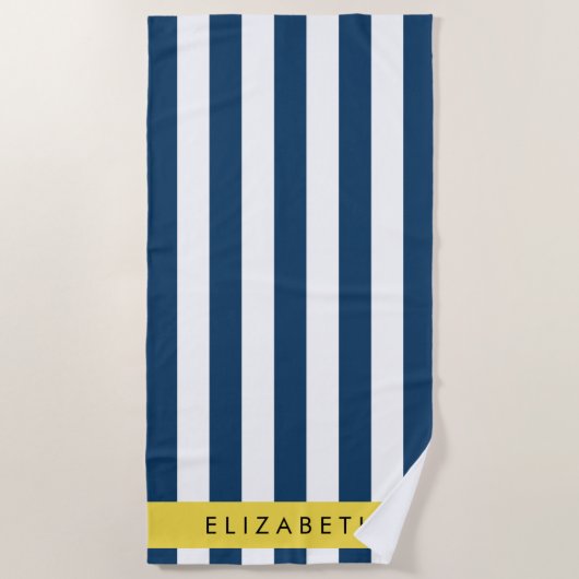 Serviette De Plage Marine Blue Stripes, Motif rayé, Votre nom (Devant)