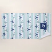 Serviette De Plage Marine Blue Turquoise Star Poisson rayé Monogramme (Devant)