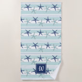 Serviette De Plage Marine Blue Turquoise Star Poisson rayé Monogramme (Devant)