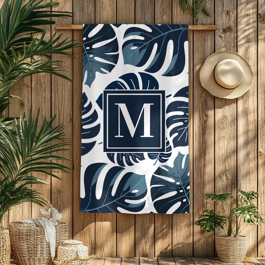 Serviette De Plage Marine Blue & White Monstera Monogram Beach Servie