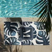 Serviette De Plage Marine Blue & White Monstera Monogram Beach Servie