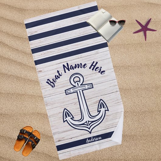 Serviette De Plage Marine Blue Wood Ancre nautique Ajouter Nom du bat