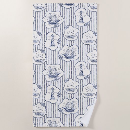 Serviette De Plage Marine Elements Blue White Lighthouse Ship (Devant)