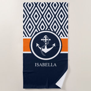 SERVIETTE DE PLAGE MARINE ET ANCRE NAUTIQUE DE MONOGRAMME RAYÉ BLANC